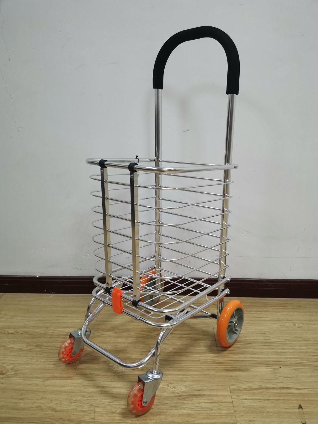 China Portable Rolling Cart Supermarket Metal Trolley with Wheels