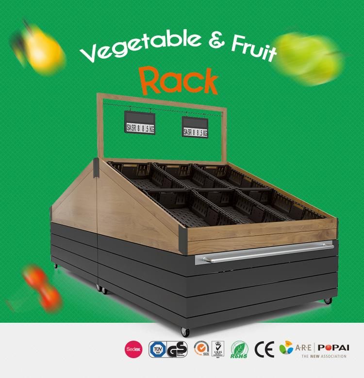 Supermarket Wooden Vegetable and Fruit Display Rack with Castors