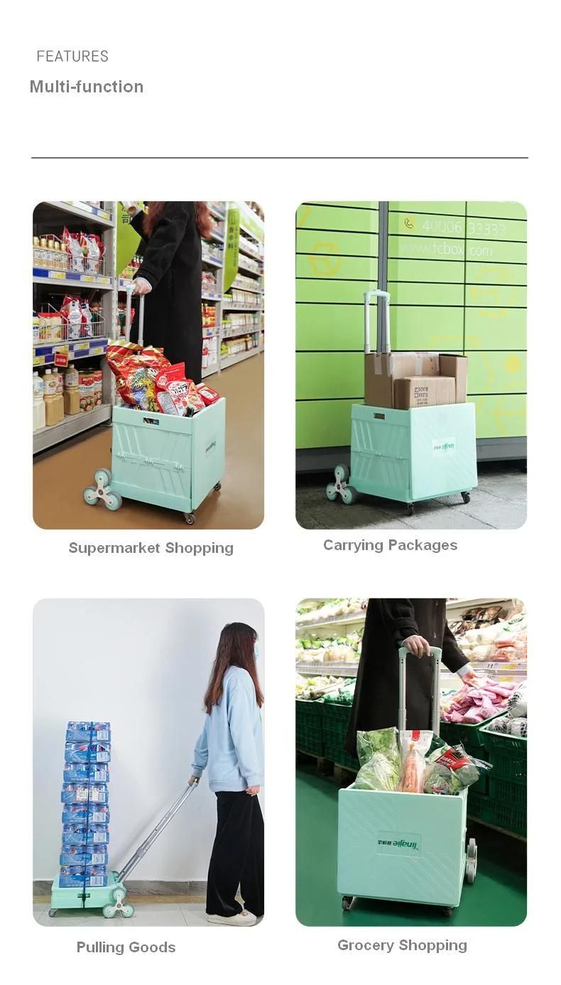 China Factory Plastic Folding Trolley Carts for Grocery Shopping with Tri-Wheels