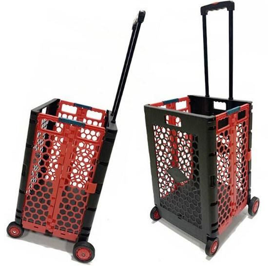 China Large Volume Durable Plastic Folding Basket Shopping Trolley Cart with Wheels