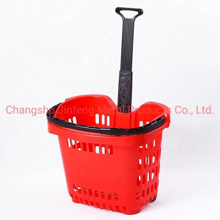 Supermarket Store Fixture Plastic Storage Rolling Shopping Basket with Two Wheels