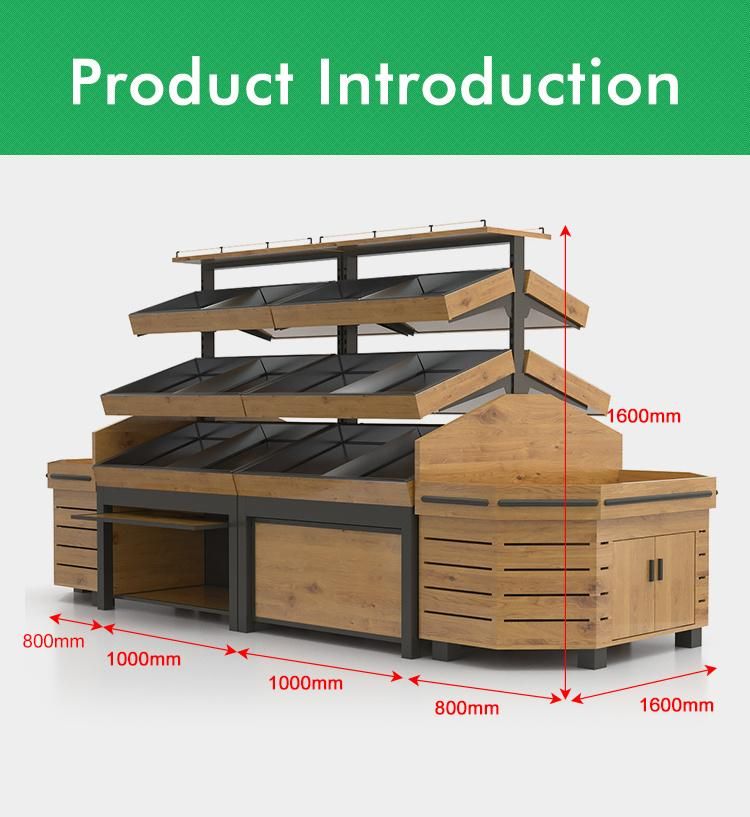 Grocery Store Wood Metal Fruit Vegetable Display Shelving Rack, Wood Produce Table