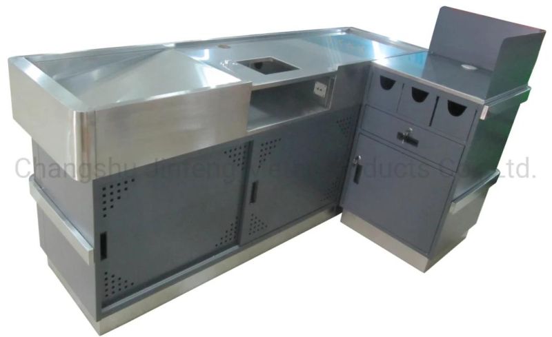 Supermarket Checkout Counter Metal Cashier Desk with Stainless Steel Protection Jf-Cc-052