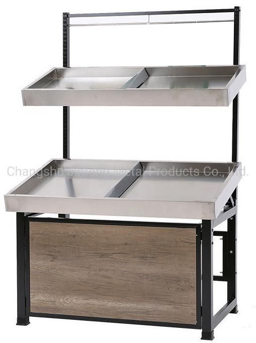 Supermarket Shelf Stainless Steel and Wood Material Display Rack Fruit and Vegetable Display Stand