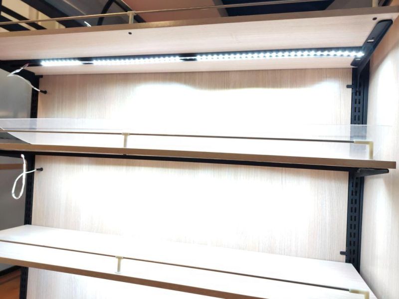 Steel and Wooden Supermarket Shelf with Bright Light