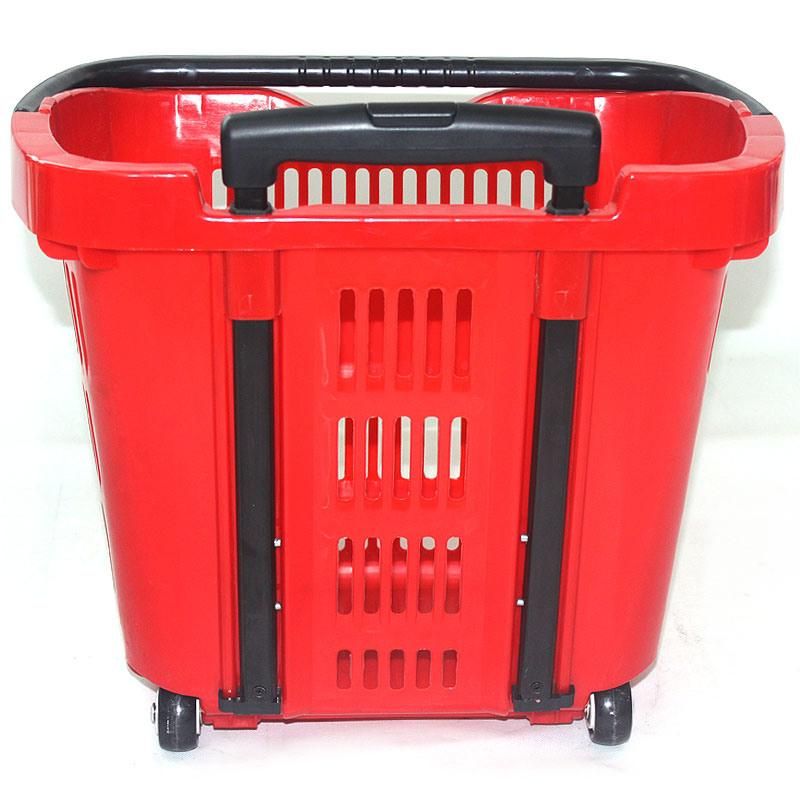 Plastic Supermarket Rolling Shopping Basket with Two Wheels