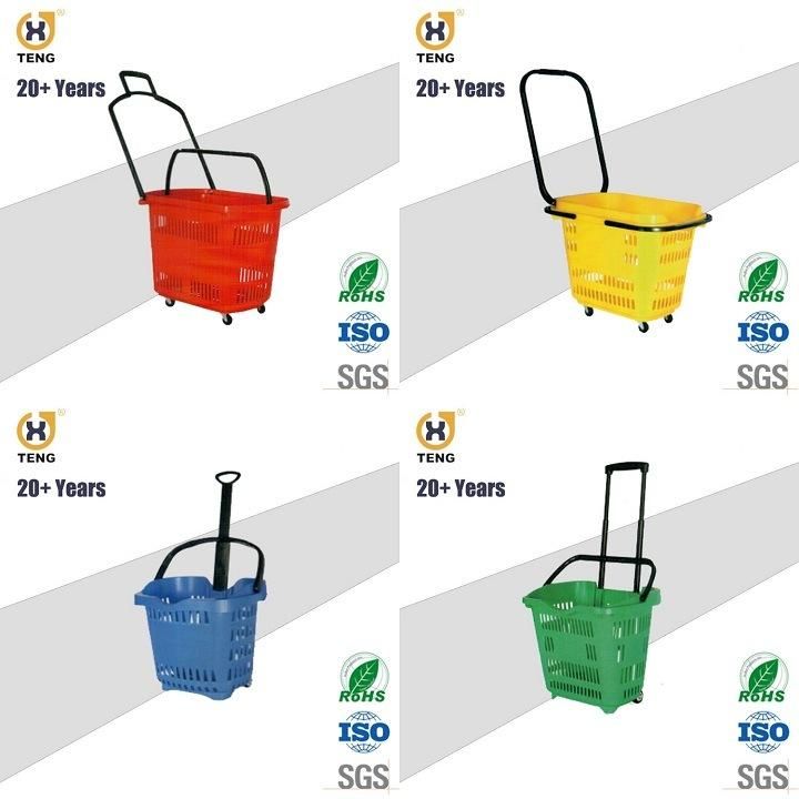 Xj-17 Supermarket Plastic Shopping Basket with Handle and Wheels