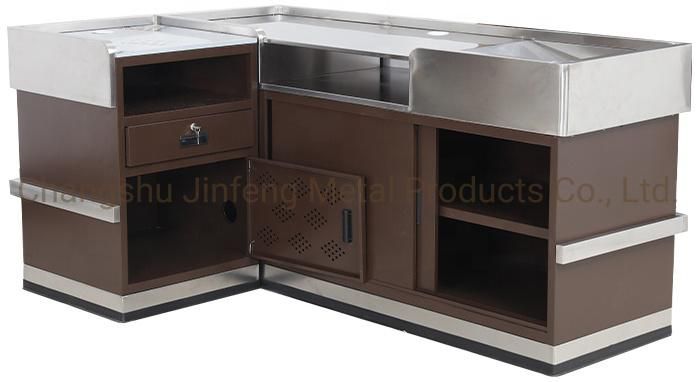 Supermarket Cashier Desk Metal Checkout Counter with Stainless Steel Protection