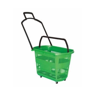 Small Trolley Plastic Basket Supermarket Equipment with Four Wheels