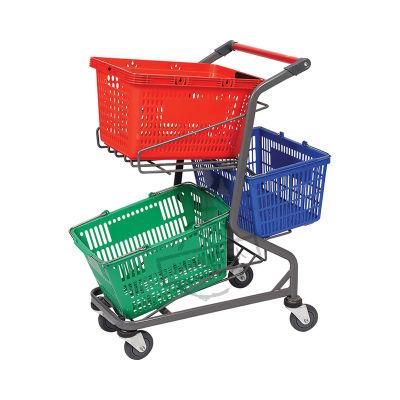 Three Basket Double Layers Metal Supermarket Shopping Handing Push Carts