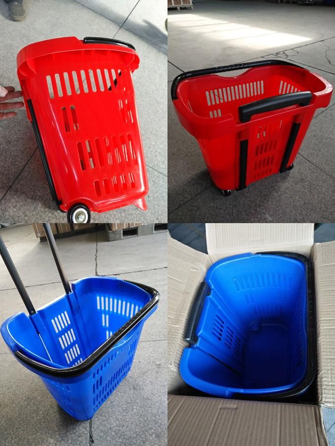 Xj-10 Supermarket Plastic Shopping Basket with Handle and Wheels