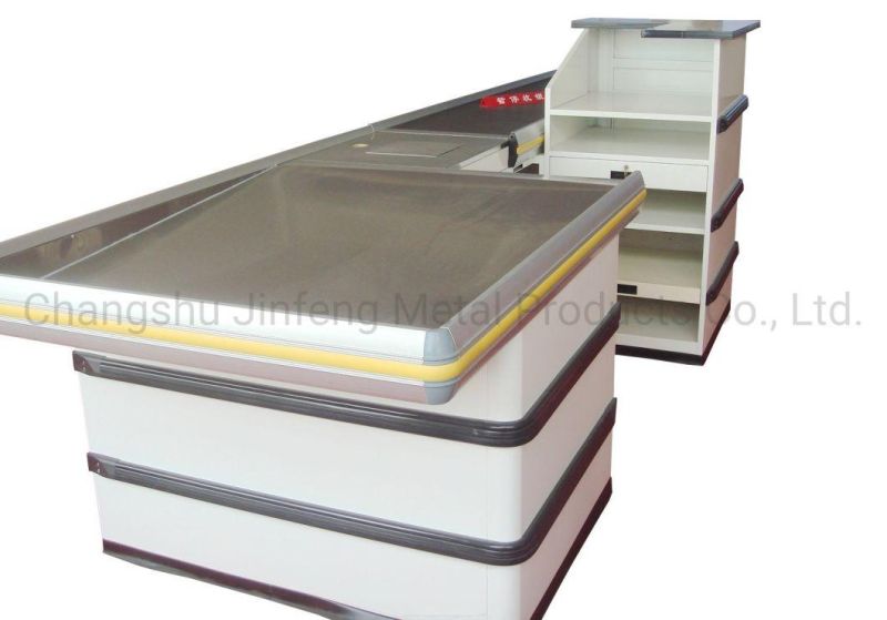 Modern Cashier Counter Supermarket Metal Checkout Counter with Conveyor Belt and Motor