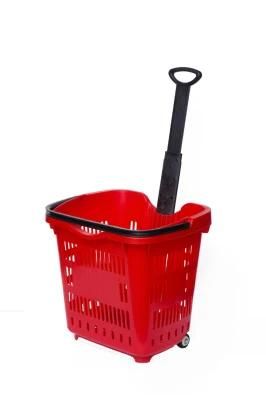 Large Size Supermarket Handle Basket with Double Wheels