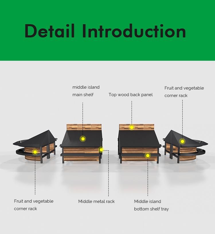 Island Style Steel Frame and Wooden Decoration Supermarket Vegetable and Fruit Display Shelf