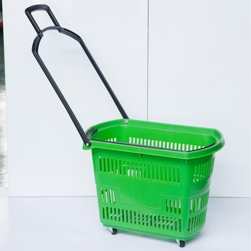 Supermarket Plastic Rolling Basket with Wheels for Shopping