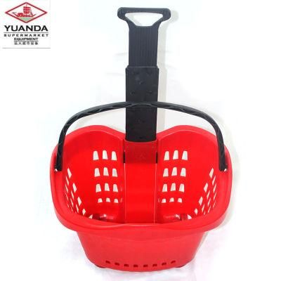 Supermarket Red Rolling Plastic Collapsible Shopping Basket