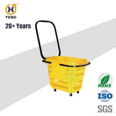 Xj-17 Supermarket Plastic Shopping Basket with Handle and Wheels