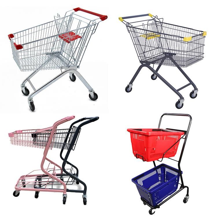 Supermarket Double Layer Grocery Shopping Cart Metal Shopping Handing Push Trolley with Multi Color