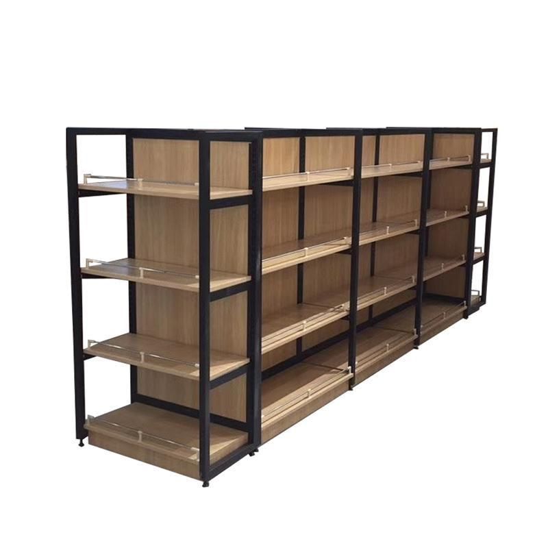 Fashion Design Wood Grain Supermarket Shelf Metal Display Racks Shop Gondola