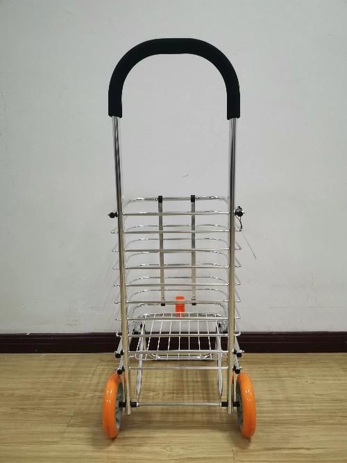 China Ultra-Light Aluminum Foldable Supermarket Shopping Cart with Two Swivel Wheels