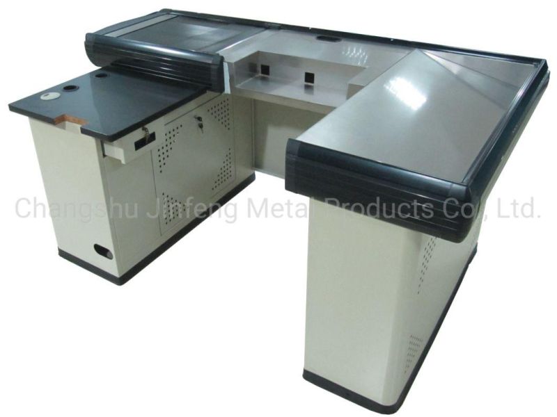 Supermarket Checkout Counter Metal Cashier Table with Conveyor Belt Jf-Cc-091