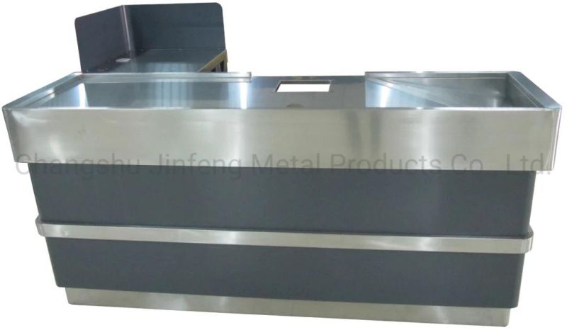 Supermarket Checkout Counter Metal Cashier Desk with Stainless Steel Protection Jf-Cc-052