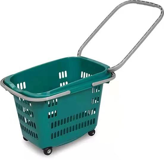 High Grade Supermarket Plastic Shopping Basket with Wheels