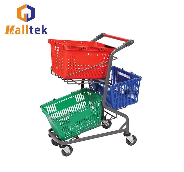 Three Basket Double Layers Metal Supermarket Shopping Handing Push Carts