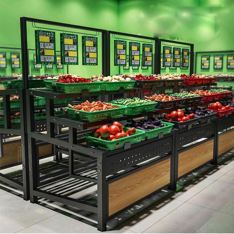 Knockdown Supermarket Metallic Produce Vegetables and Fruit Display Rack Shelves