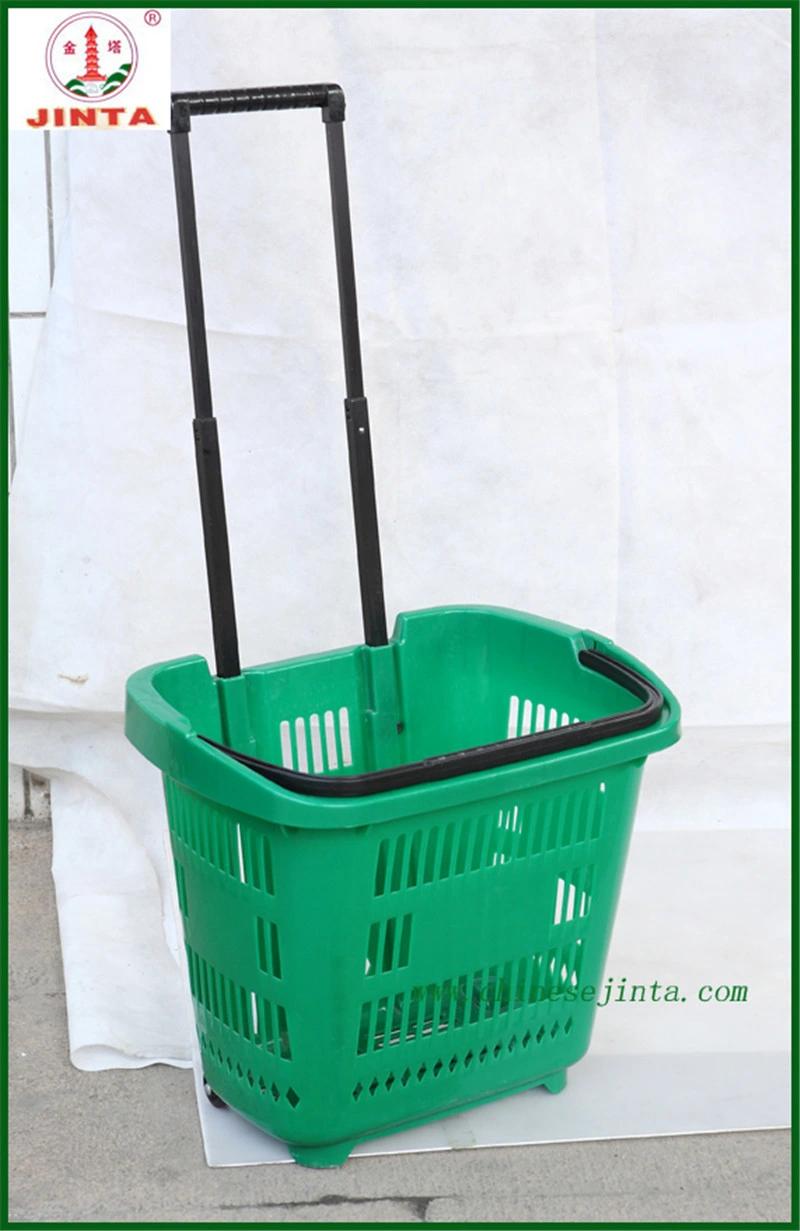 Wheeled Plastic Supermarket Shopping Basket with Ce Certification