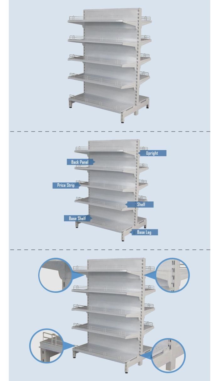 Plain Back Panel Commercial Gondola Display Stand Shelf