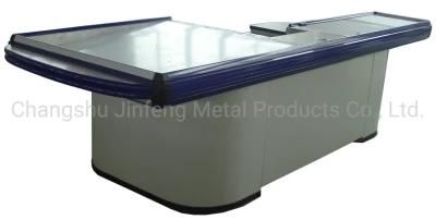 Supermarket Metal Checkout Counter Cashier Table with Conveyor Belt Jf-Cc-115