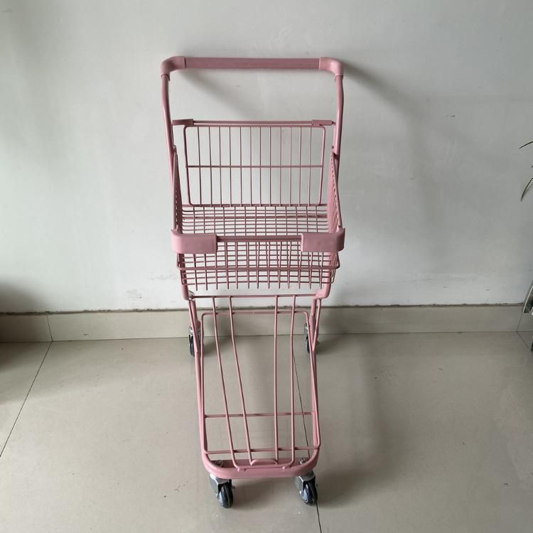 Pink Color Double Basket Metal Shopping Handing Push Cart Trolleys