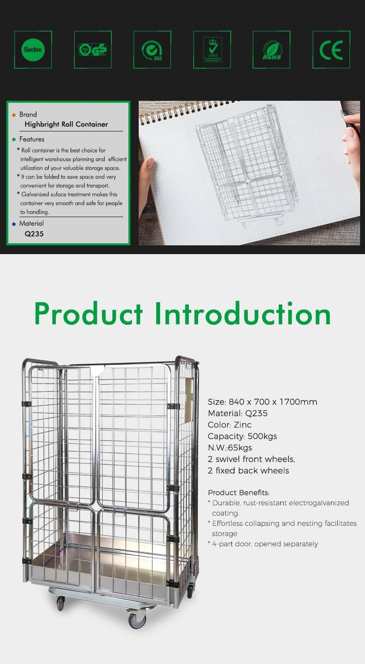 Four Doors Wire Mesh Metal Nestable Roll Container for Transporting