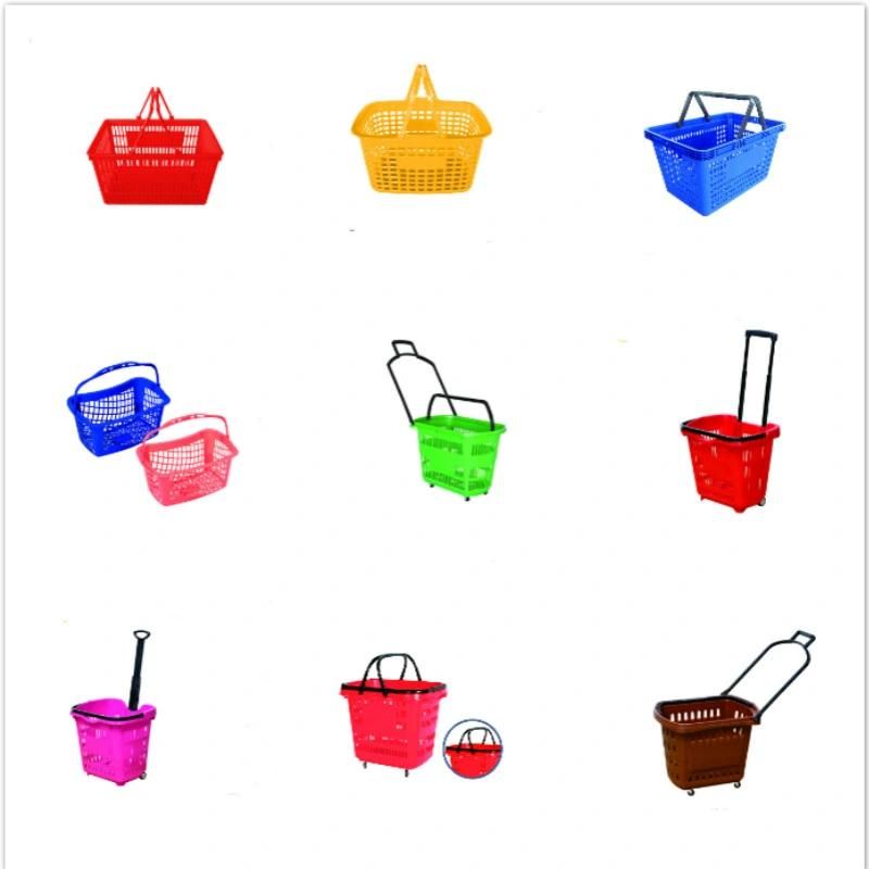 Supermarket Fruit Vegetable Shopping Plastic Basket with Wheels and Handles