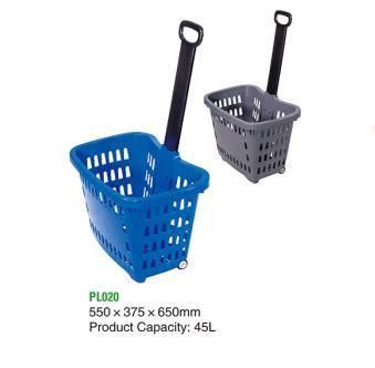 45L Supermarket Plastic Rolling Shopping Basket with 2 Wheels