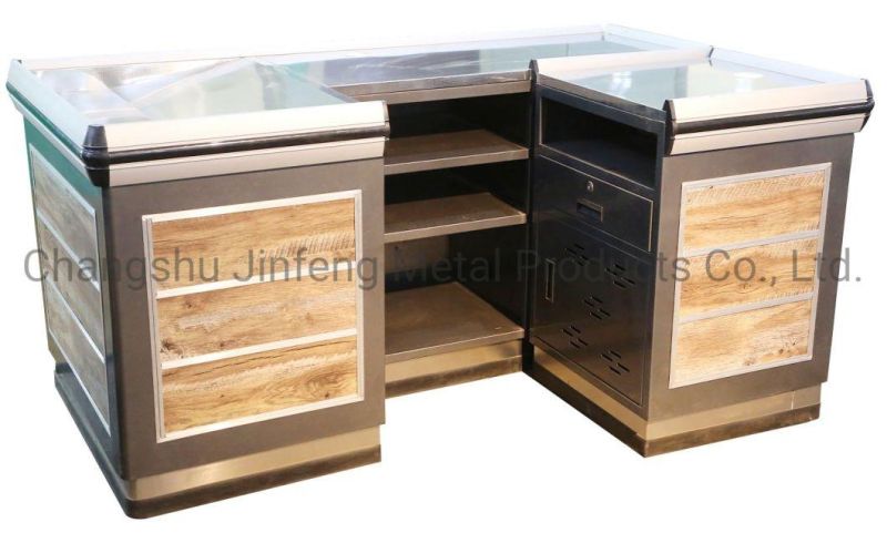 Supermarket Checkout Counter Convenience Store Metal Cashier Table with Wood