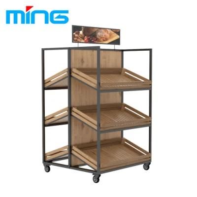 Single Side 3 Tier Bakery Bread Vegetable Wooden Produce Rack