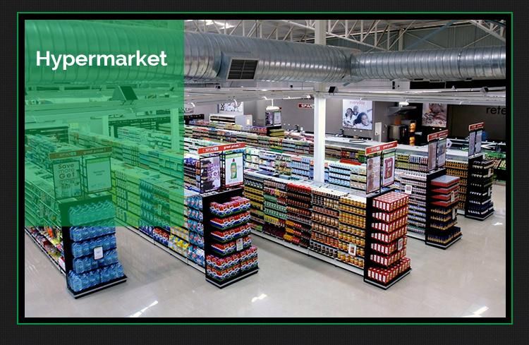 4 Sides Steel Mesh Display Shelf with Billboards Around for Supermarket and Grocery Store