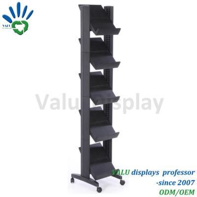 Floor Standing Magazine Adjustable Shelves Metal Display Rack with Wheels