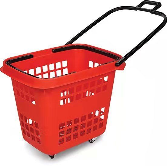 Fruit Handle Bakset with Four Wheels Store Plastic Shopping Basket