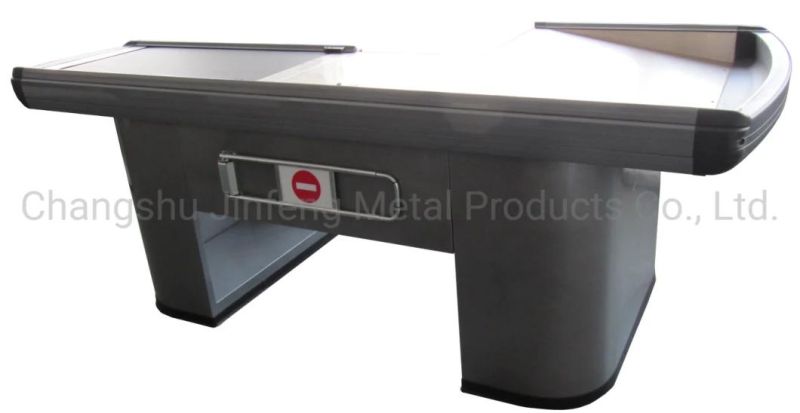 Supermarket Electric Checkout Counter Metal Cashier Table with Conveyor Belt