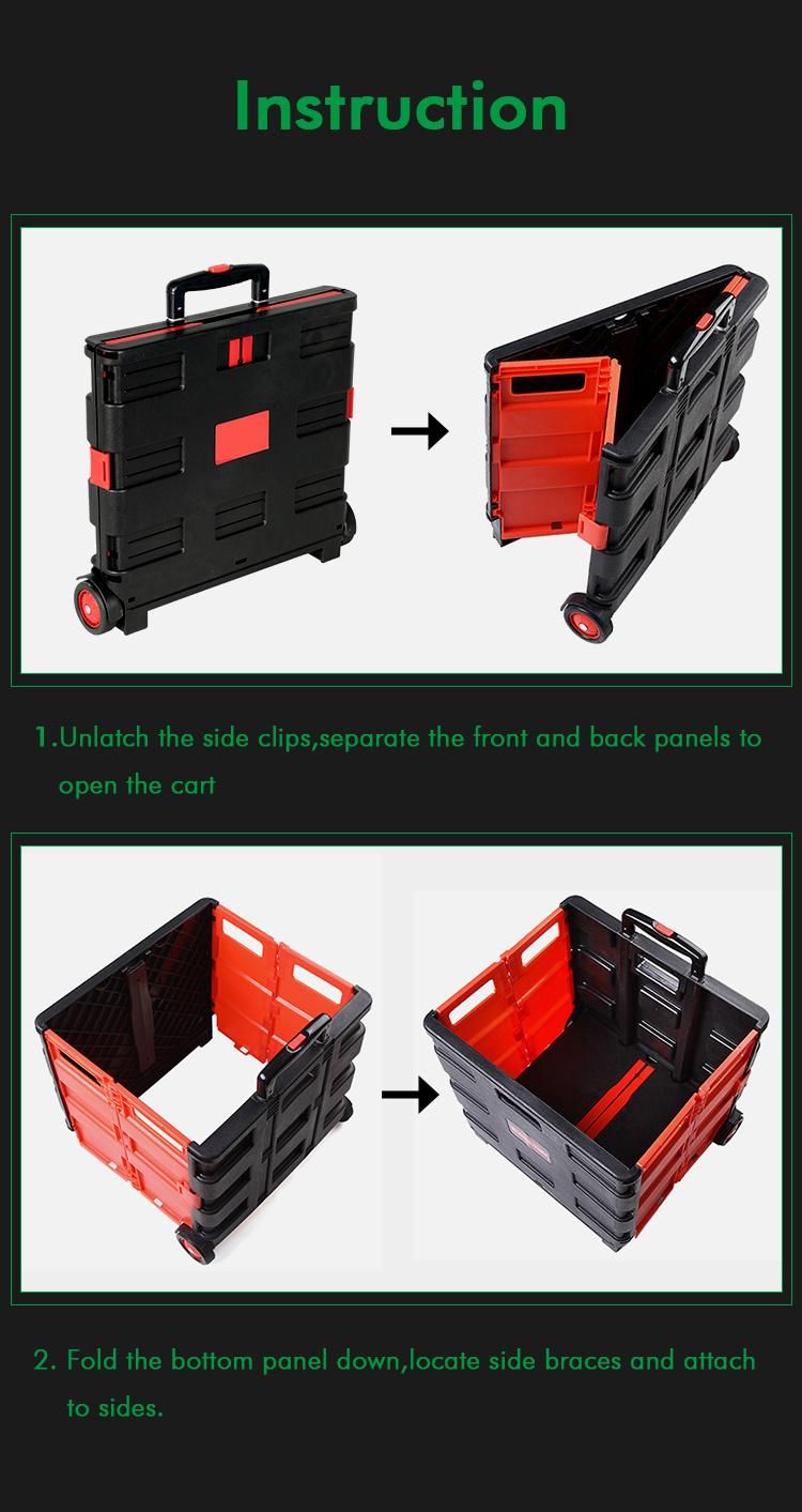 60L Portable Plastic Folding Box Pack and Roll Trolley Cart