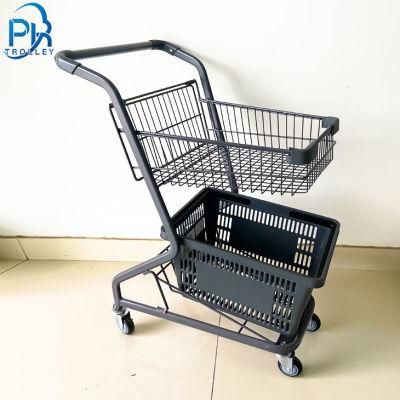 2-Tier Hand Basket Powder Coating Rolling Supermarket Cart Trolley