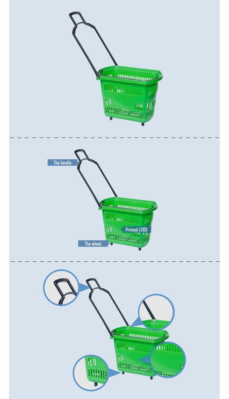 Manufacture Plastic Large Supermarket Trolley with Wheels Hand Shopping Basket