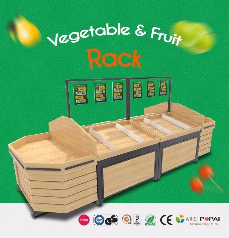 Movable Wood Fruit Vegetable Display Rack for Market