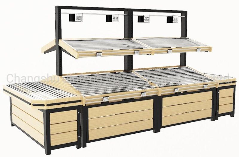 Supermarket Fruit Display Shelves Wooden and Metal Display Rack