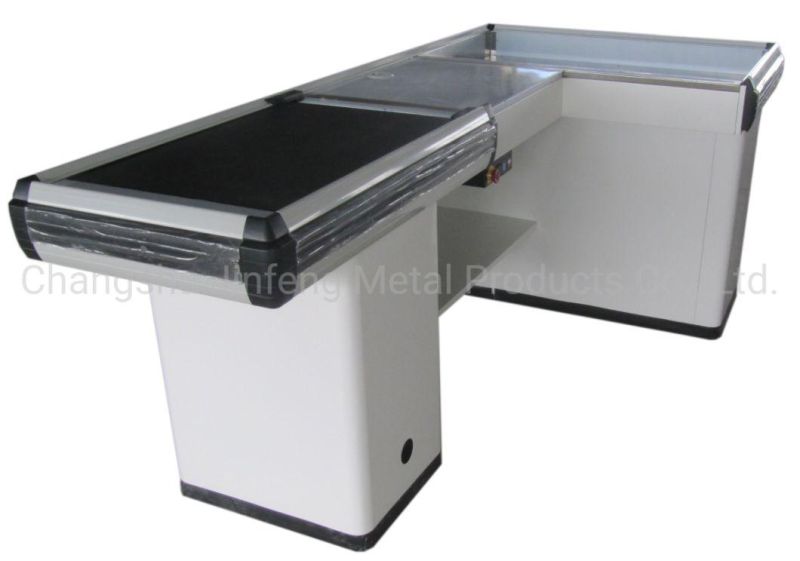 Modern Cashier Counter Design Supermarket Metal Checkout Counter with Conveyor Belt