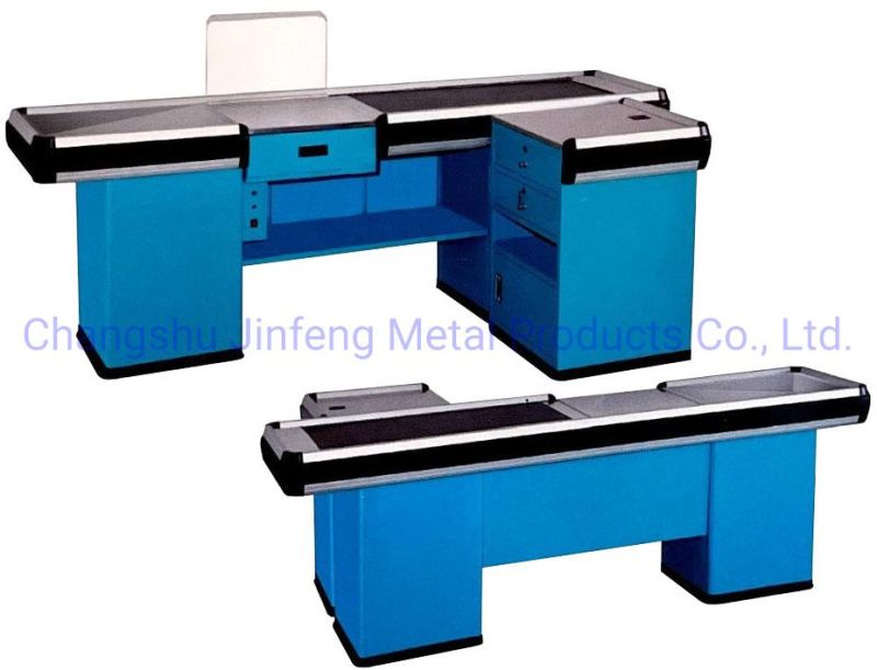 Supermarket Checkout Counter Electric Cashier Table with Conveyor Belt Jf-Cc-017