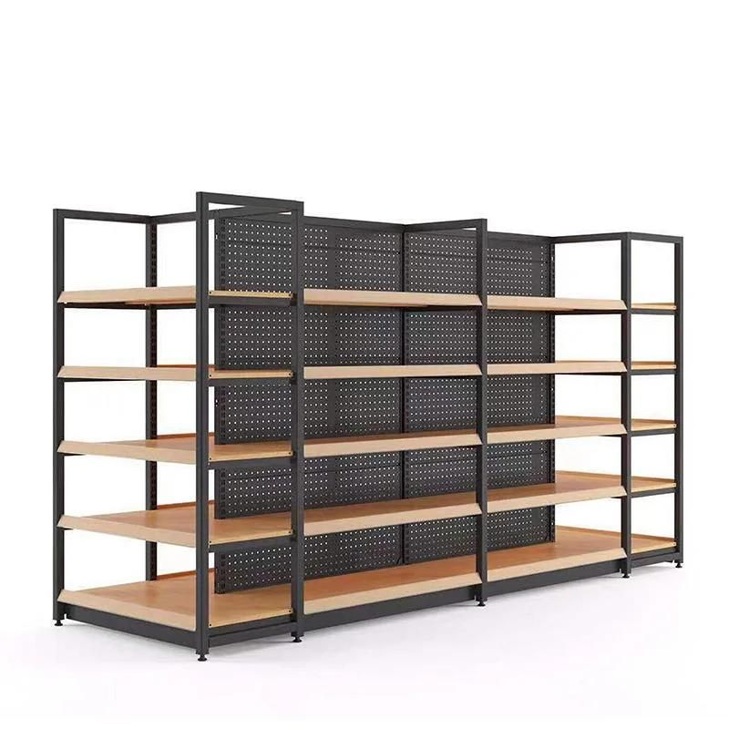 Wood Color Metal Cabinet Display Shelf Wall Supermarket Shelf with Light Box